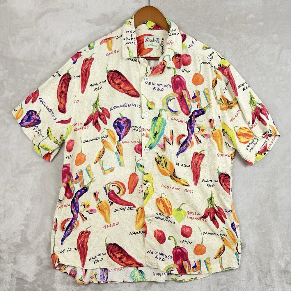 Food Art By Jams World Chili Pepper Print World Rayon Shirt Large Rare Vintage